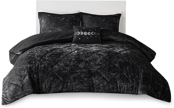 Intelligent Design Queen Duvet Cover Set, Velvet Queen Duvet Set, Luxury Diamond Quilting Black Duvet Cover, Fluffy Duvet Cover with Decorative Pillow and 2 Shams, 4 Pieces, Black, Full/Queen