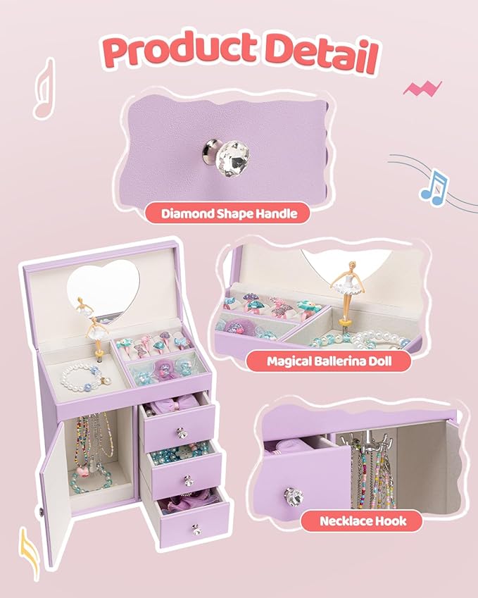 VLANDO Musical Jewelry Box for Girls, Large Kid Music Box with Ballerina for Birthday Bedroom Decor, 4 Layer Girl Jewelry Gifts for Girls Kids - Purple