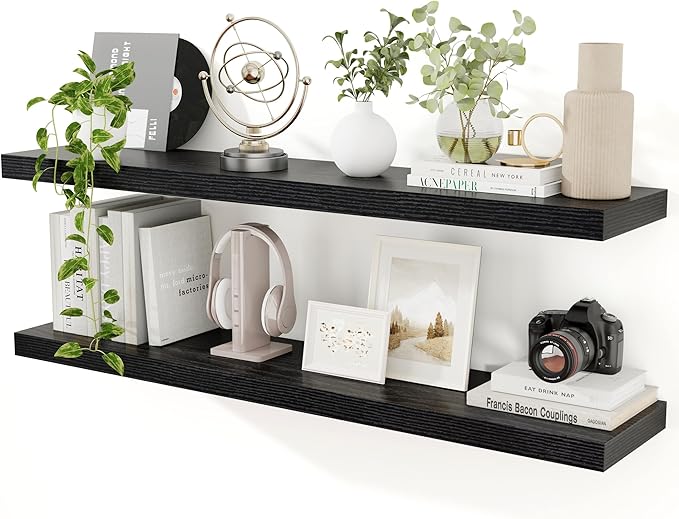 48 inch Floating Shelves, Black Extra Long Floating Shelves with Invisible Brackets, 9.3in Deep Wooden Shelf for Living Room, Bathroom, Kitchen, Office, Floating TV Stand, 2 Packs