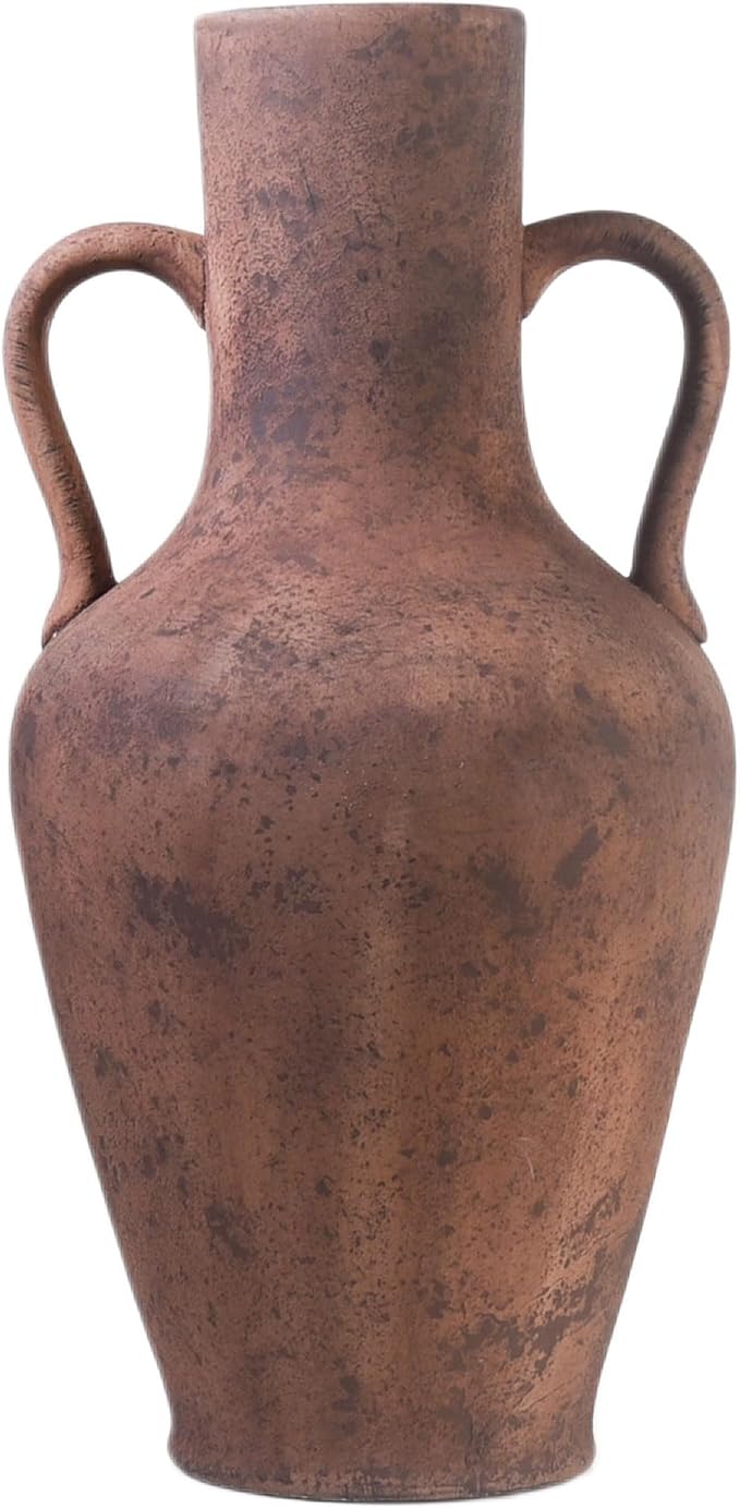 20.5in Tall Ceramic Floor Vase with Vintage Handles, Terracotta | Large Antique Terracotta Ceramic Floor Vase with Beige Speckles and Distressed Markings for Rustic Farmhouse Home Decor
