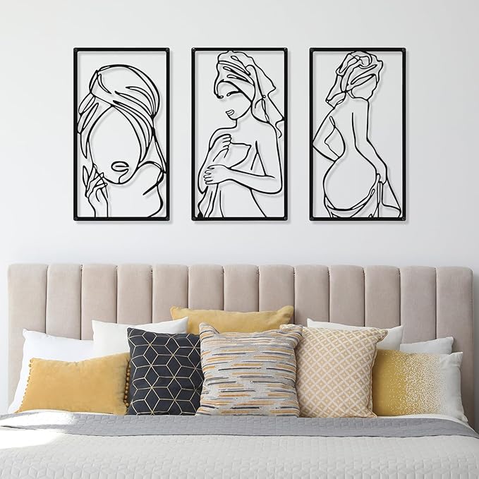 CHENGU 3 Pieces Metal Minimalist Abstract Woman Wall Art Line Drawing Wall Art Decor Single Line Female Home Hanging for Kitchen Bathroom Living Room
