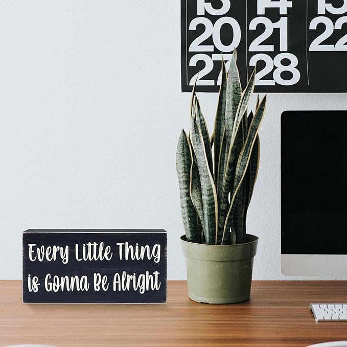 Esur Every Little Thing is Gonna Be Alright Birds Wooden Box Sign - Farmhouse Art Home Desk Shelf Tabletop Wall Black Decor