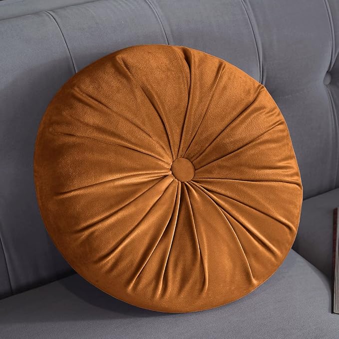 vctops Round Velvet Solid Color Chair Cushion Pumpkin Pleated Throw Pillow Home Decorative Floor Pillow Diameter 15" Dark Orange