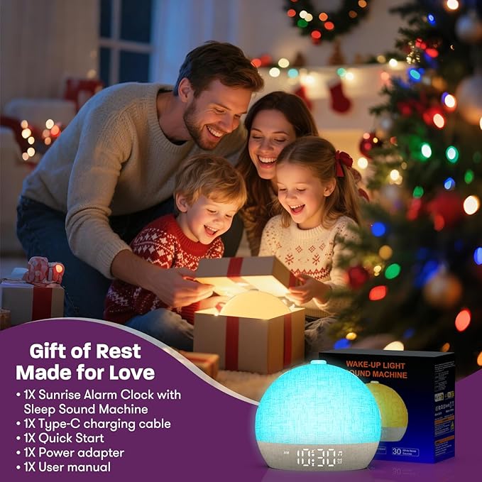Wake Up Light Sunrise Alarm Clock, White Noise Sound Machine with 30 Soothing Sounds, Dimmable Night Lights, Sleep Aid, Snooze, Timer, Loud Alarm Clock for Heavy Sleepers Adults Kids, Ideal for Gift