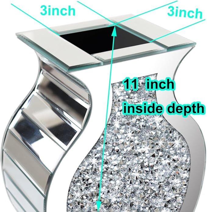 ALLARTONLY Crushed Diamond Mirror Vase Crystal Silver Glass Stunning Decorative Vase Flower Luxury for Home Décor. Can’t Hold Water.