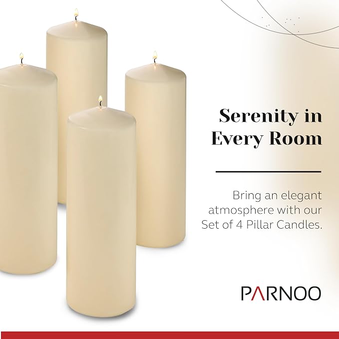 Unscented Pillar Candles - Set of 4 Vanilla Pillar Candles - 3x9 Slow Burning Large Candles for Weddings & Table Centerpieces, PARNOO