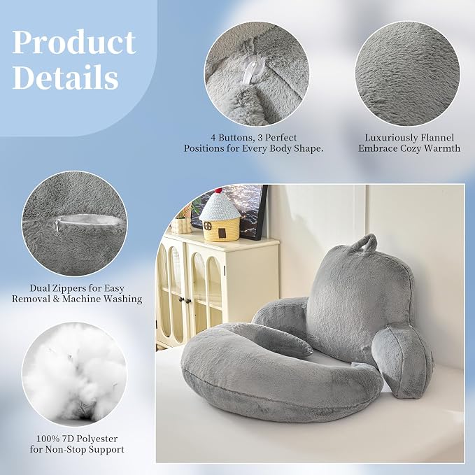 19" Reading Pillow for Bed,U Shaped Arm & Elbow Support,Gray Faux Fur | Backrest Supports Back,U Shaped Lap Pillow Cushions Arms,Elbows & Wrists,Plush Faux Fur for Reading,Gaming,Watching TV