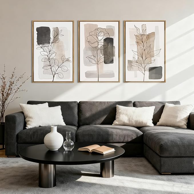 Anyzal Extra Large Neutral Floral Framed Wall Art 24x36 Inch Tan Modern botanical Canvas Wall Decor Minimalist Black Flower Prints for Living room Bedroom Dining room Set of 3