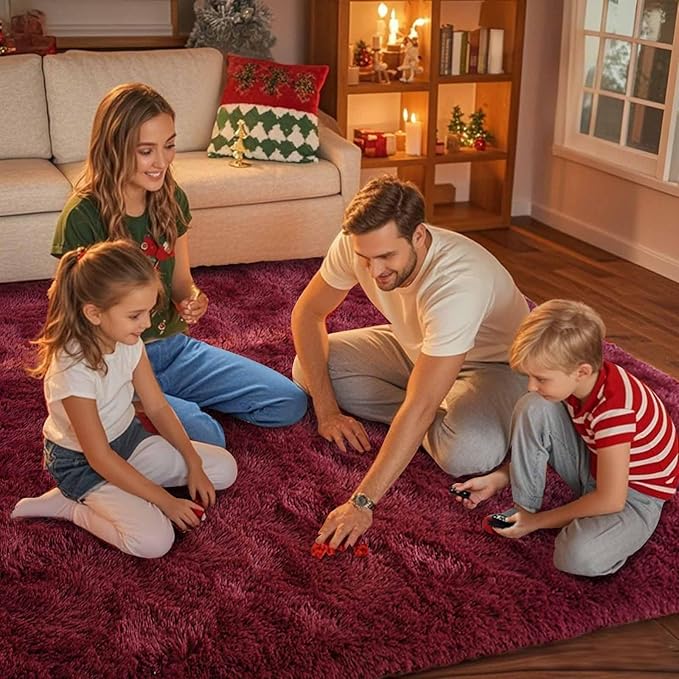 FinRèc Red Rugs for Living Room Bedroom, 3x5 Feet Fluffy Shag Area Rug, Non-Slip Plush Fuzzy Rugs for Nursery Kids Room Dorm Room Home Decor, Indoor Furry Floor Carpet