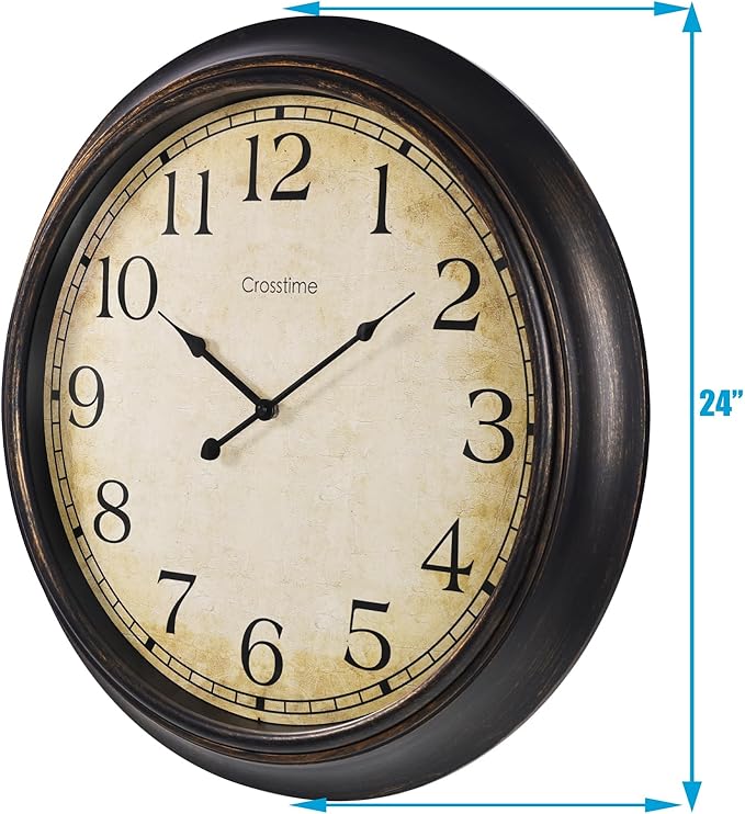 Crosstime 24 Inch Wall Clock Battery Operated Silent Round Vintage Large Wall Clocks for Living Room Farmhouse Decor, Black-Brown