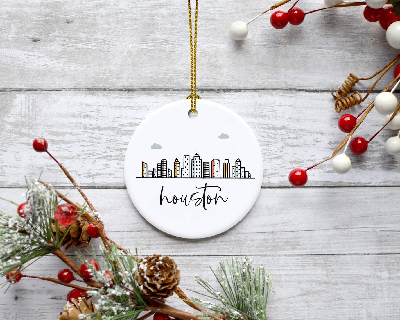 Andaz Press Round Ceramic Porcelain Christmas Tree Ornament Keepsake, Houston Colorful City Skyline Graphic, 1-Pack, Birthday Gift Ideas Family Coworker Him Her, Includes Gift Box