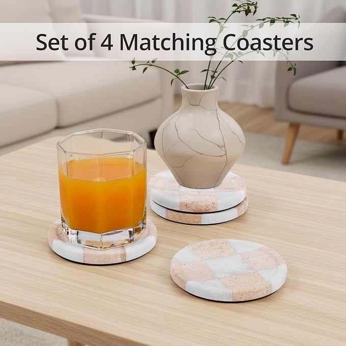 Marble Coasters Set of 4, Travertine & White Handmade 4 inch Round Checkered Stone Coaster, Drink Coaster Plates for Living Room, Trendy Office Desk Accessories & Home Décor
