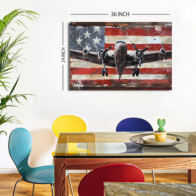 Black and White Plane Wall Art Turbine Fighter Aircraft Pictures Canvas Prints Living Room Vintage Modern Airplane Painting Framed Artwork for Office Home Decorations Rustic USA Flag Posters 24x36