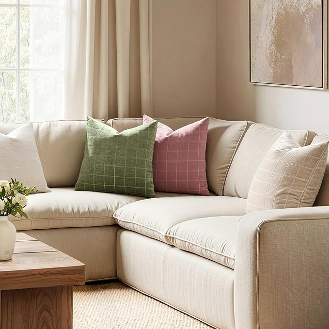 MIULEE Decorative Chenille Check Throw Pillow Covers Vintage Plaid Couch Pillows 18x18 Inch Set of 2 Neutral Boho Farmhouse Cushion Covers Modern Spring Decor for Sofa Bed Living Room Sage Green