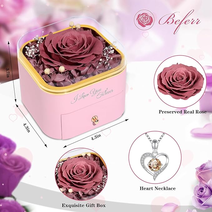 Beferr Mothers Day Forever Rose with Necklace for Mom Birthday Gifts Preserved Roses Eternal Flower for Delivery Fresh Flowers Gifts for Mother Wife Her Grandma Sister Daughter Girls Friends