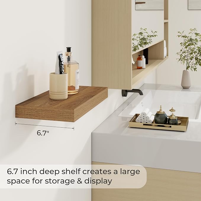 Dreamland 16" Walnut Floating Shelves 6.7" Deep Wall Mounted Set of 2 | Wall shelves for bathroom, bedroom, Living Room, kitchen, deep wall mount wood storage display for home decor 16" x 6.7"