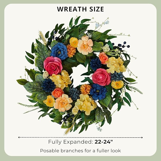 Spring Wreaths for Front Door, 22 Inch Summer Wreath with Roses & Hydrangeas, Outdoor Wreath for Spring Summer Door Decor