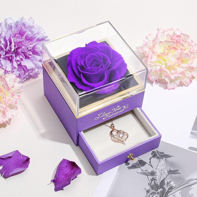 WILDLOVE Purple Rose with I Love You for Forever Heart, Flower Gifts for Women, Mom, Wife and Girlfriend, Anniversary Birthday Gifts for Women
