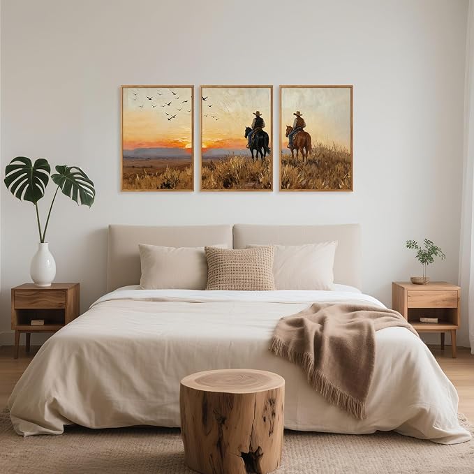 TOARTi Large Framed Western Cowboy Canvas Wall Art Set,Vintage Sunset Landscape Horseback Riding Wall Decor, Rustic Southwestern Art Prints for Farmhouse Living Room Bedroom Office-16”x24”x3