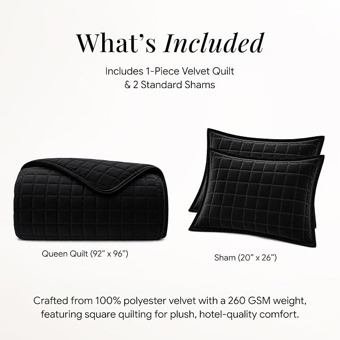 Tribeca Living Luxury Velvet Quilt Twin Size Set - 260GSM Ultra-Soft Oversized Velvet Bedspread Comforter Set with 1 Sham, in Florence Black