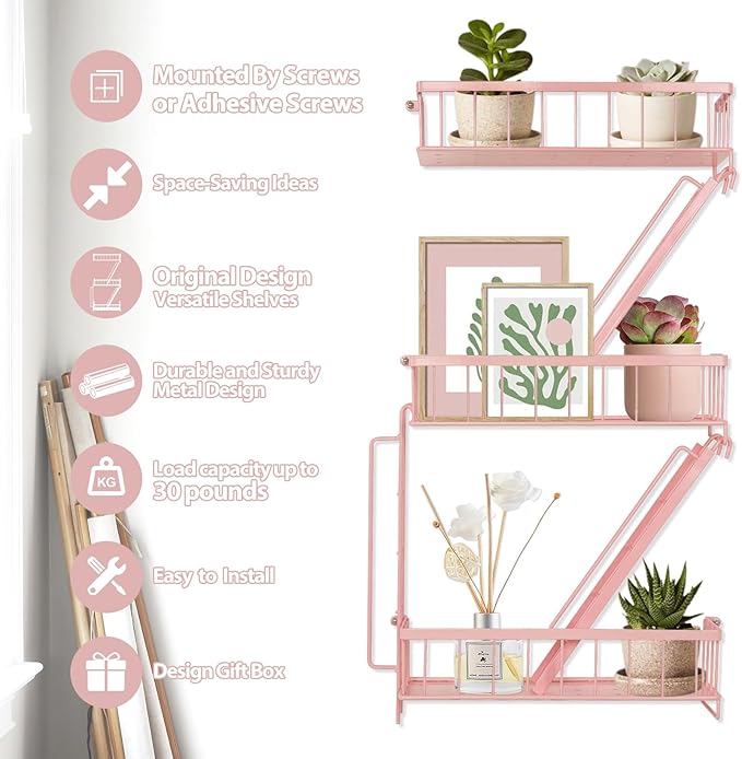 SweetSage Fire Escape Shelf - Pink Wall Decor Floating Shelves, Cute Metal Ladder Shelving for Bedroom, Home Decor Display (3-Tier)
