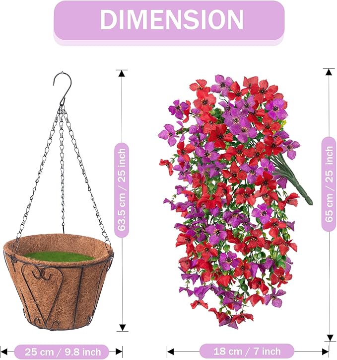 INXUGAO Artificial Hanging Flowers Plants with Basket for Outdoors, Realistic Faux Silk Daisy Flower Eucalyptus for Spring Decor, UV Resistant Fake Plants for Porch Patio Yard Balcony, Red Purple