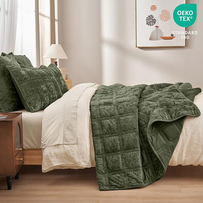 PHF Ultra Soft Velvet Quilt Set Twin Size – 2PCS Luxurious Cozy Quilted Comforter Alternative with Diamond Pattern, Warm Quilted Bedspread Coverlet, 68" x 92", Smokey Olive