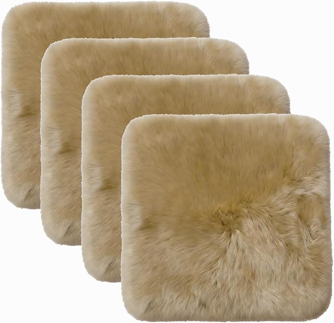 Square Fur Wool 4Pack Sheepskin Chair Cushion 18"*18" Khaki Brown | Sedentary Breathable All-Season Sheepskin Chair Seat Pad For Dining Chair Dressing Table Car Seat Cover Office Chair Pad
