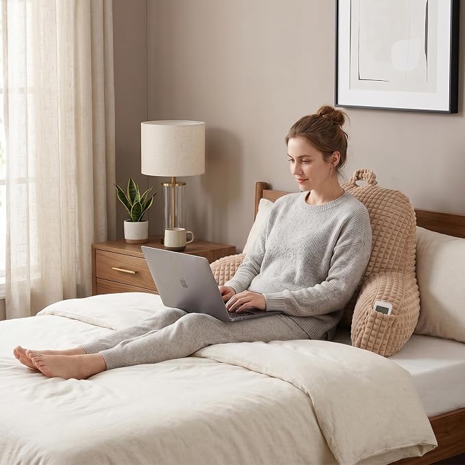 Reading Pillow with Arms for Sitting in Bed,Backrest,Khaki Flannel,M | 17" Backrest with Arms Supports Back for College Students,Elbows & Forearms for Dorm Reading,Gaming,Watching TV