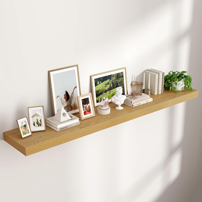 72" Wide x 12" Deep Floating Shelves for Wall, Oak Finish, 1-Pack | Engineered Wood Wall Shelves with Invisible Brackets for Living Room, Bedroom, Bathroom, Office & Kitchen Storage