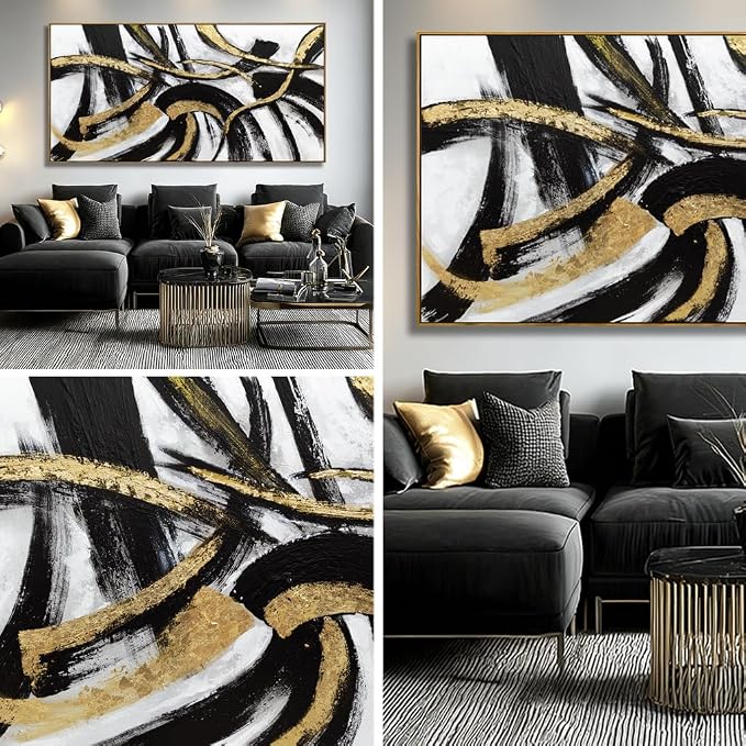 Kureful White Abstract Canvas Wall Art Gold Modern Artwork Black Line Prints Textures Picture for Walls Arts Posters for Office Bedroom Home 29"x58"