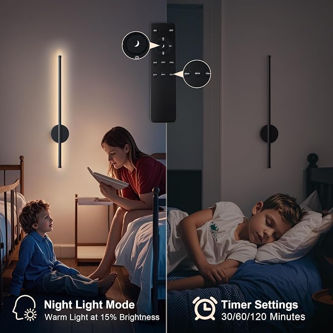 Battery Operated Modern Wall Sconces Set of Two,Rechargeable Wireless Wall Lights with Remote Control,Dimmable,3CCT,Timer,360°Rotation,Cordless Lighting for Bedroom,Living Room,Hallway,Black,27.6 Inch