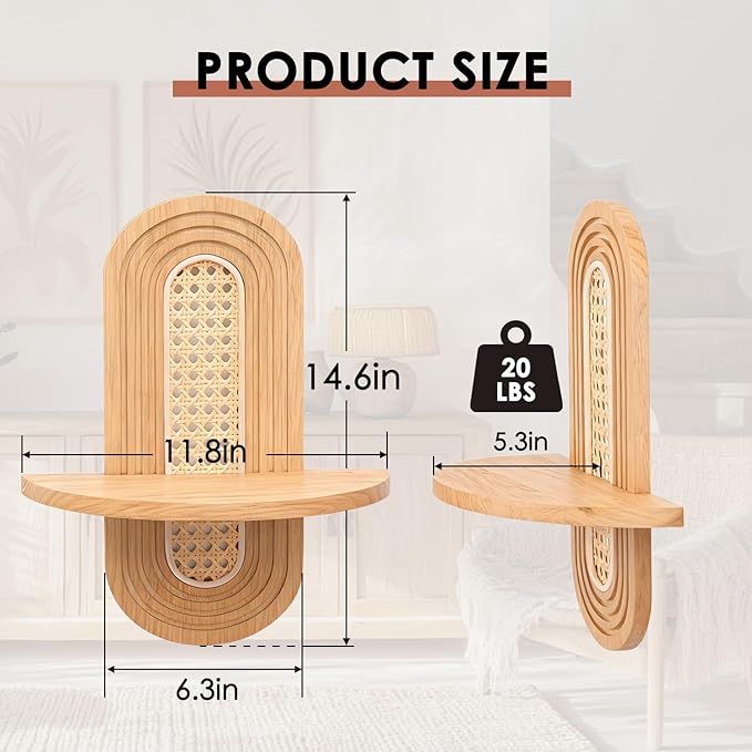 Floating Shelves for Wall, Boho Home Wall Decor,Rattan Plant Shelf Set of 2, Mid Century Small Decorative Shelf, Natural Wood Shelves for Living Room,Bedroom,House,Office (Natural)