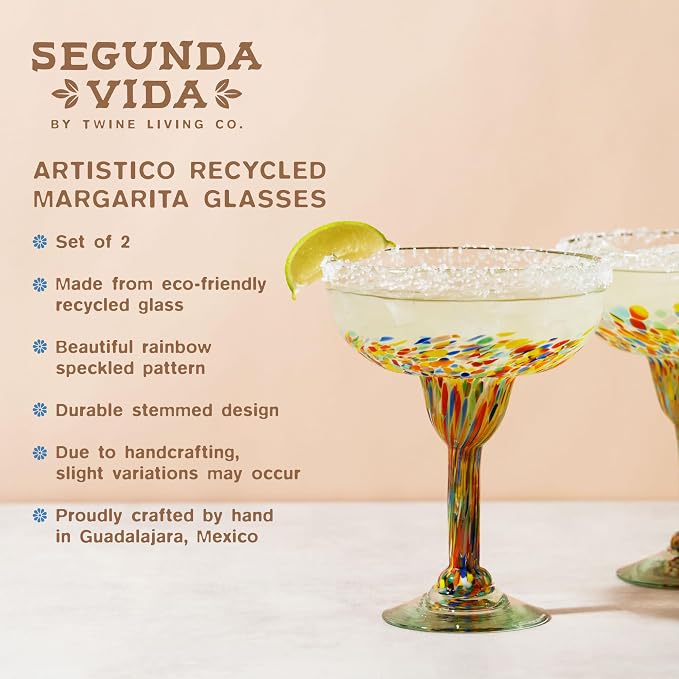 Twine Segunda Vida Artistico Margarita Bar Glasses, Mexican Margarita Glasses Margarita Set Home Cocktail Bar Gifts, 100% Recycled Glass, Multicolor 10oz Set of 2