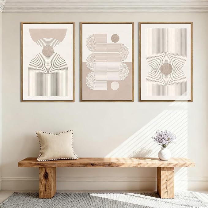 Anyzal Extra Large Boho Abstract Wall Art 24x36 Inch Framed Minimalist Neutral Canvas Wall Decor Pink White Modern Artwork for Living Room Bedroom Office Set of 3