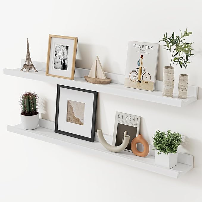 Acovy Floating Shelves for Wall, 36 inch Solid Wood Picture Ledge Shelf, Picture Shelf for Wall with Ledge, Floating Book Shelves for Living Room Bedroom Kitchen Nursery Decor, White, Set of 2