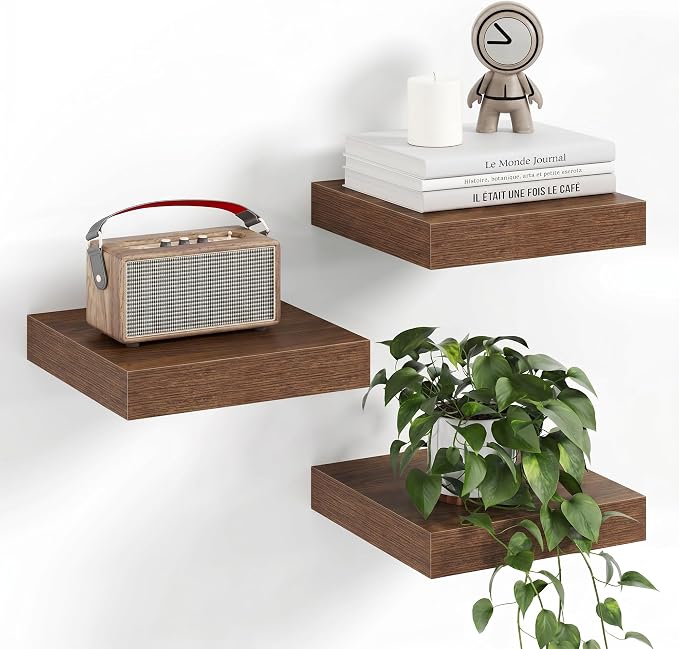 Fun Memories Small Floating Shelves for Wall - 8 Inch Square Wall Shelves with Invisible Brackets, Walnut Shelves for Bathroom, Living Room, Bedroom, and Kitchen Decor, Set of 3