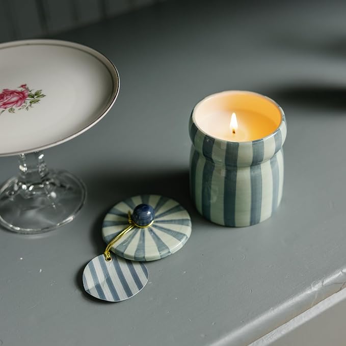 Paddywax Cabana Hand-Painted Scented Candle with Lid in Ceramic Reusable Jar, Clean-Burn Soy Candle, Warm Cider Scent, Approx. 42 Hour Burn Time, 6.5 oz