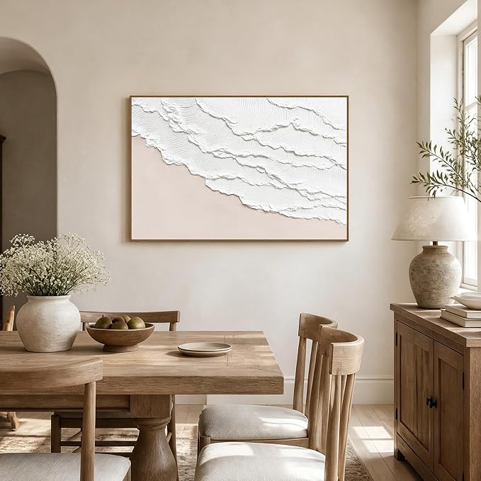SAFERRYHOME Abstract Wave Textured Hand Painted Wall Art, 36"x24" Framed | Large Beach Texture Framed Canvas Wall Decor, Modern Sea Painting Neutral Landscape Artwork for Home Office Living Room