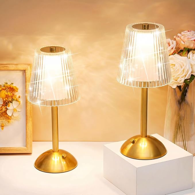 Liliful 1 Pcs Cordless Table Lamp Rechargeable Touch LED Small Gold Portable Battery Operated USB-c Desk Lamp 3 Color Dimmable for Bedroom Living Room Dining (Gold,Hollow Lined Style)