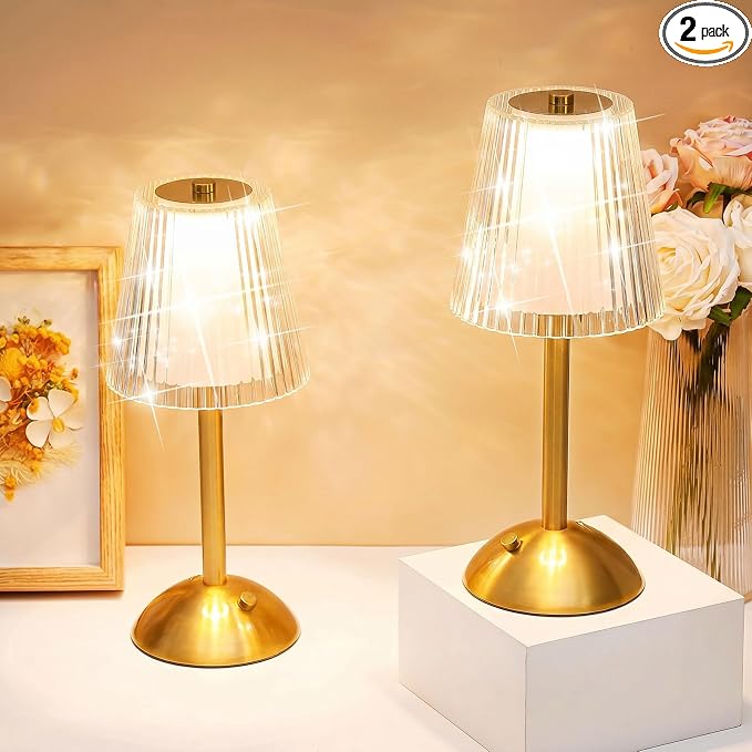 Liliful 2 Pcs Cordless Table Lamp Rechargeable Touch LED Small Gold Portable Battery Operated USB-c Desk Lamp 3 Color Dimmable for Bedroom Living Room Dining (Gold,Hollow Lined Style)