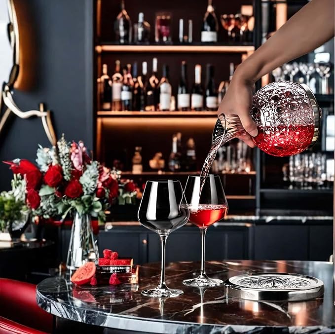 Wine Decanter Set - Spinning Crystal Red Wine Decanter Carafes, Jarler 360° Rotory Hand Blown 1.5L Lead-Free Glass Wine Aerator Quick Wake Up，Wine Gift for Wine Lover, Father day Gift (Silver+Clear)