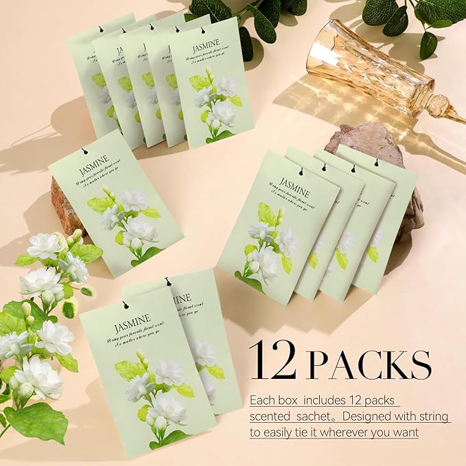 Jasmine Scented Sachet Bags - 12 Pack Drawer & Closet Freshener, Long Lasting Odor Eliminator for Wardrobes, Cars & Storage, Home Fragrance Air Freshener Sachets
