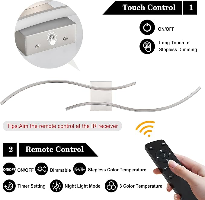 Battery Operated Wall Sconces Set of Two with Remote Control, Battery Wall Light, Stepless Colors 3000K-6000K & Dimming, Nickel Rechargeable Wall Sconces for Living Room, Hallway, Bedroom, 39.3 Inch