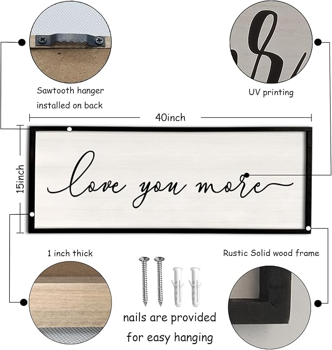 Love You More Sign Wall Decor 40''×15'' Large Vintage Framed Wood Modern Farmhouse Wall Decor for Master Bedroom Above Over Bed Minimalist Wall Art Hanging (Black)