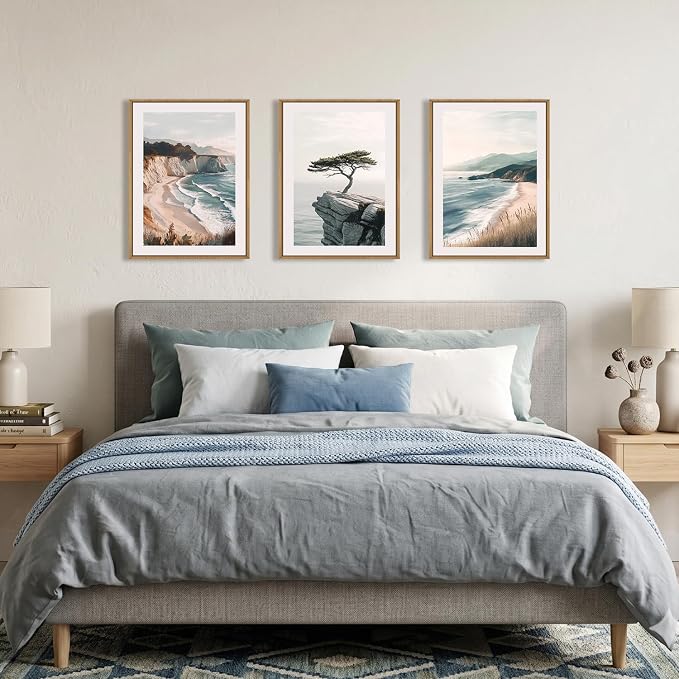 Amalfi Coastal Beach Framed Canvas Wall Art Set, Summer Ocean Wall Decor, Southwestern Beach Wall Painting, Ocean Seascape Art Prints for Living Room, Bedroom, Dining Room - 12"x16"x3