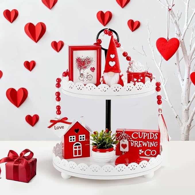 Valentine's Day Decorations 8 PCS Tiered Tray Decor Set, Cute Tabletop Valentine Décor for Home Office Shelf Mantel Coffee Bar Romantic Table Centerpieces Tray Objects Decoration Set