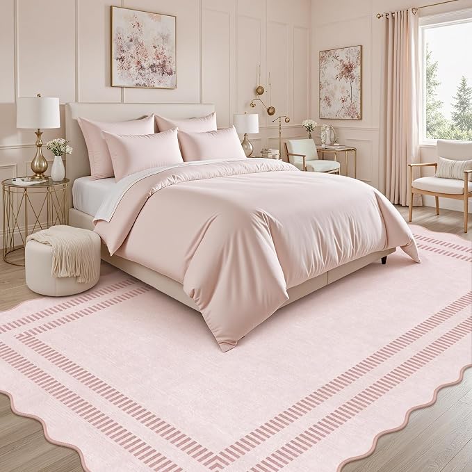 Pink Rugs for Bedroom Girls, 6x9 Washable Non Slip Area Rugs for Living Room, Soft Vintage Ultra-Thin Scalloped Carpet for Nursery Dorm Home Decor