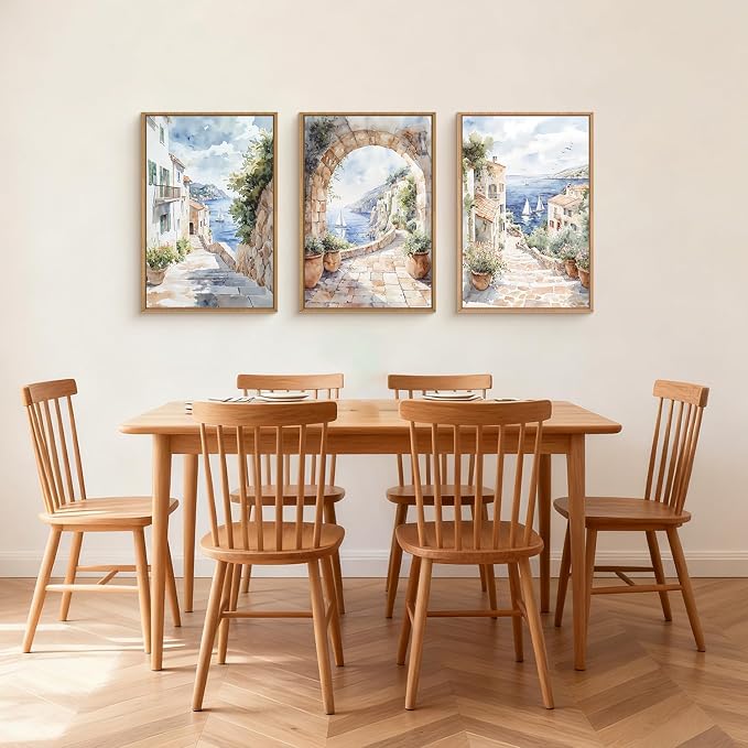 LHIUEM Watercolor Italy Coast Framed Canvas Wall Art,Modern Europe Countryside Wall Decor,Seascape Painting,Neutral Mediterranean Artwork for Living Room,Bedroom,Dining Room -24"x36"x3