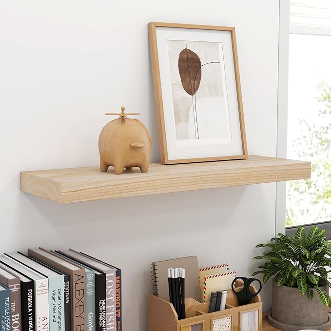 fuqing Natural Wood Floating Shelves | 24 Inch Floating Shelves for Wall Set of 2 | 24" W x 6.7" D x 1.4" H Natural Wooden Shelves for Bathroom Living Room Bedroom Kitchen